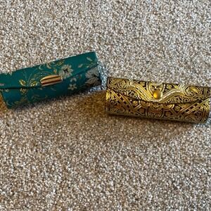 Vintage Italian Leather Gold Filigree & Teal Floral Brocade Lipstick Case Set 2